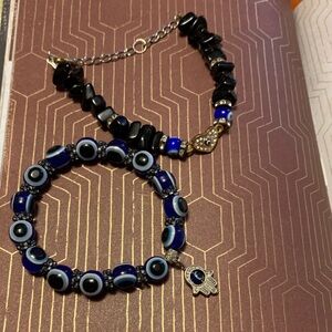 Evil eye Blue and Black onyx protection Beaded Bracelet Set